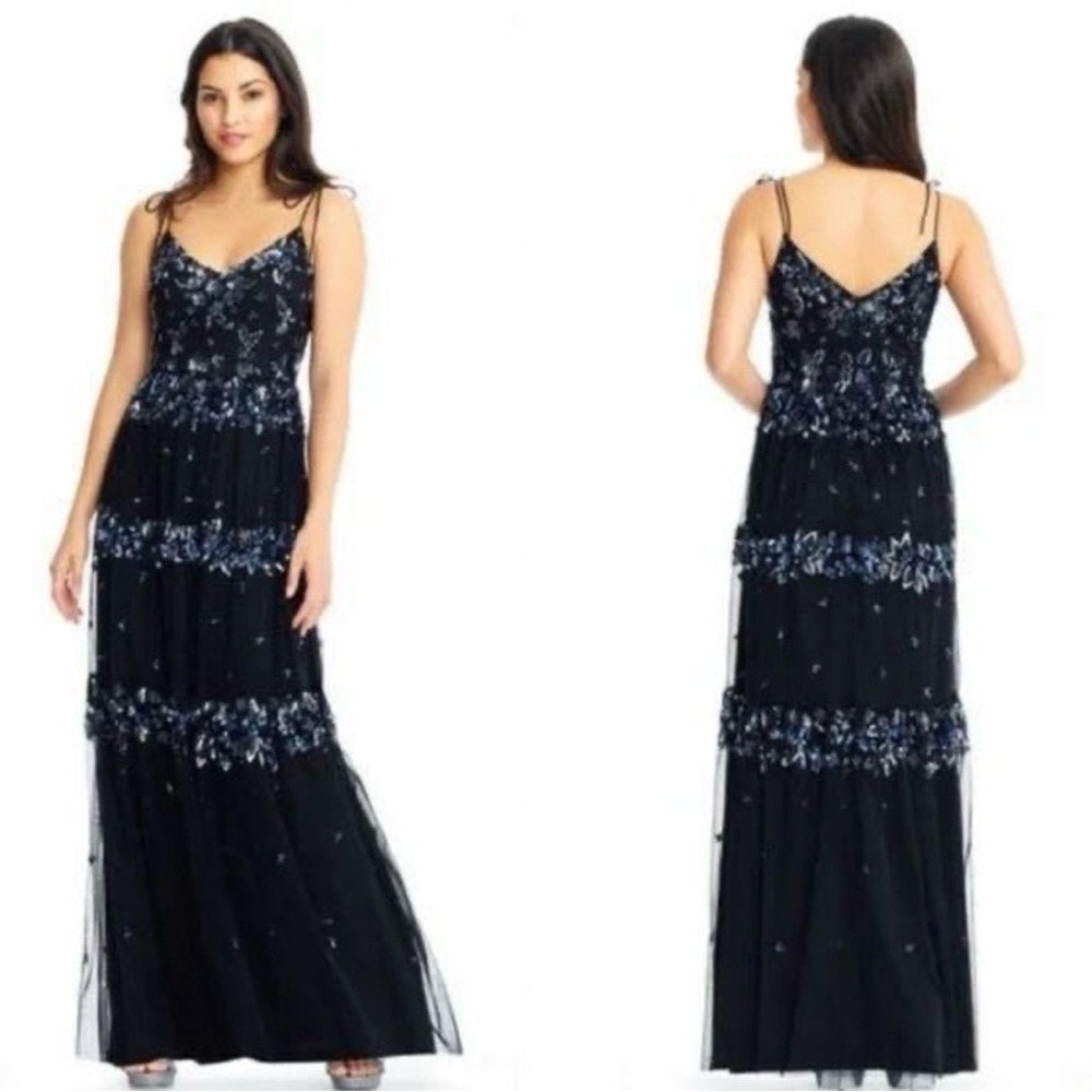 Adrianna Papell Tie Spaghetti Strap Bead Embellished Long Dress Gown Size 2
